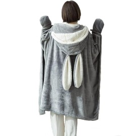 YUNZLAN Bunny Ears Oversized Wearable Blanket Hoodie for Women Soft Flannel Blanket Cape Hooded Cape Throw for Home Office (Gray)