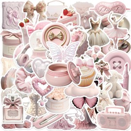 Cute Coquette Aesthetic Stickers for Girls, 50PCS Pink Preppy Jaurney Waterproof Vinyl Stickers for Water Bottle,Scrapbook,Laptop, Ballet Dance Decals, Girls Gift, Party Supplies (Pink)