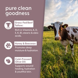 100% Unscented Grass Fed Beef Tallow for Skin, Body and Face | Fragrance Free Moisturizing Honey Balm with Cold-Pressed Olive Oil and Beeswax | Suitable For Dry, Sensitive & Irritated Skin, 2 oz (57g)