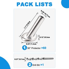 WAYSKA 60 Pack T316 Marine Grade Stainless Steel 30 Degree Angle Beveled Protector Sleeves, Wood Post Protector for 1/8" Wire Rope Cable Railing, Come with a Free Drill Bit