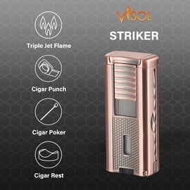Visol Striker Butane Torch Triple Flame Refillable Gas Lighter, Built in Punch, Built in Poker, Built in Holder, Windproof Adjustable Flame Lighter (Shipped Without Butane) (Bronze)