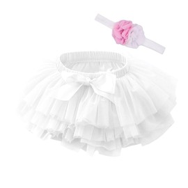 Beganly Baby Girls Soft Fluffy Ruffle Tulle Skirt with Nappy Cover Toddler Princess Party Tutu Sets with Flowers Headband, White