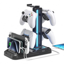 KDD Controller Holder with Phone Holder - Detachable Headset Stand with 9 Light Modes & USB Charging Ports, Rotatable Headphone Hanger - Earphone Hook for Desk PC Gaming Accessories Storage (Black)