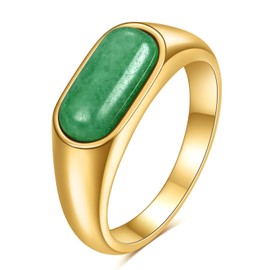 MYNENEY Stainless Steel Gold/Silver Square Shape Signet Mens Pinky Ring Statement Cute wedding Blue/Brown/Green Stone Rings Modern Gift for Women Men (Green stone-Gold, 7)