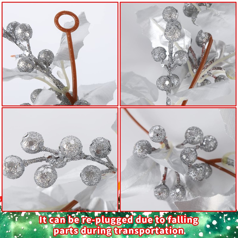 Christmas Artificial Berry Garland 175cm Glitter Silver Berry Garland Foam