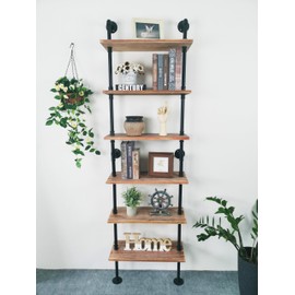 Anynice Industrial Ladder Pipe Shelves, Wall Mounted Rustic Bookshelf, Retro Metal Wood Bookcases (Weathered Brown, 6 Tier - 10" D x 24" W x 82.5" H)