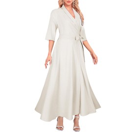 Mingyuezai Women's Linen Wrap Dress V-Neck Lace Up Half Sleeve Maxi Dress(Z2967WH,M)