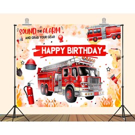 PEKRU 7x5ft Fire Truck Theme Birthday Backdrop Red Fire Truck Hydrant Alarm Boys Birthday Party Decoration Supplies Photo Booth Photography Props
