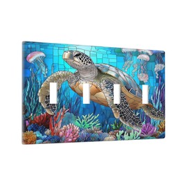 Donecmminery Light Switch Covers Nautical Sea Turtle Coral Jellyfish Quad Toggle Electrical Faceplate 4 Gang Wall Plate Decorative Switch Plates For Kids Room Nursery Decor