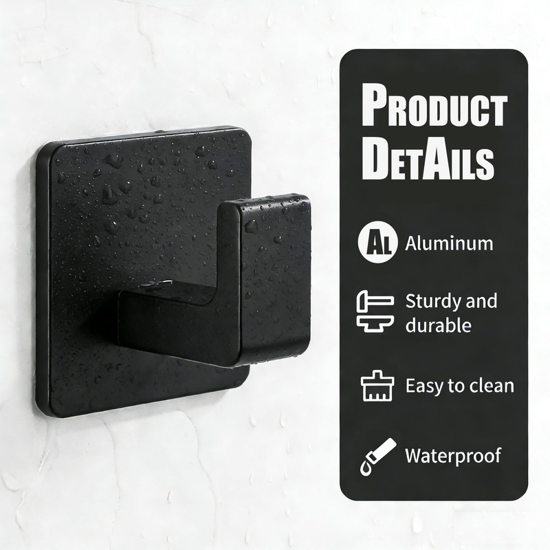 Leezmark 8 Pack Square Self Adhesive Towel Hooks, Black Aluminum