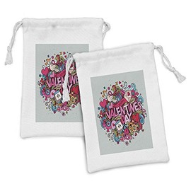 Lunarable Valentines Day Fabric Pouch Set of 2, Cartoon Like Surprise Boxes Hearts Rings Birds and Notes Key Flowers Print, Small Drawstring Bag for Toiletries Masks and Favors, 9" x 6", Multicolor