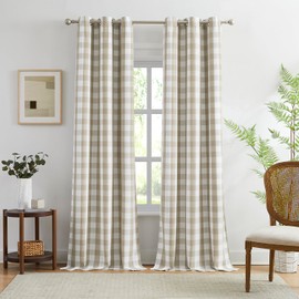 Amzdecor Beige White Buffalo Plaid Full Blackout Curtains 90 Inch Long for Bedroom Living Room Farmhouse Check Patterned Drapes Thermal Insulated Soundproof Grommet Window Treatment, 2 Panels, 40"x90"