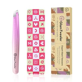 Expert - Pinzas de punta inclinada con funda de viaje de cuero, GlamTweeler - Pinzas de acero inoxidable afiladas y de precisión para cejas, vello facial y eliminación de pelos finos (violeta y