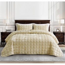 Chezmoi Collection Piers Beige Velvet Quilt Oversized King Set, 3-Piece Plush Distressed Velvet Bedding All Season Lightweight Comforter - Brushed Microfiber Reverse with Double Square Stitch