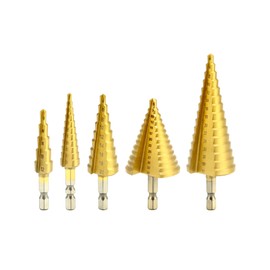 QWORK 5-Piece Step Drill Taper Drill Bit Titanium Coated HSS 4241-4-12 mm / 3-13 mm / 4-20 mm / 5-35 mm / 4-32 mm - for Sheet Metal Wood Plastics