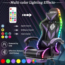 HOFFREE Gaming Chair with LED RGB Lights Massage Ergonomic Video Game Chairs with Footrest High Back Reclining Computer Chair with Adjustable Lumbar Support Purple and Black
