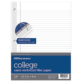 Office Depot® Brand Reinforced Filler Paper, 8" x 10 1/2", College Ruled, White, Pack Of 100