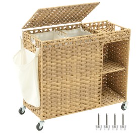 Heybly Laundry Hamper with Lid, 160L Synthetic Rattan Wicker Laundry Basket with Wheels, Handwoven 2-Section Storage Organizer with Removable Liner (42.3 Gal), Removable Liner, Natural HLH032N