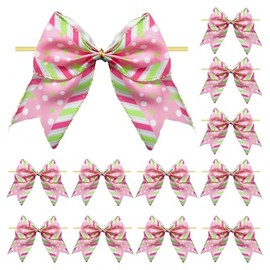 Meseey 12 Pcs Pink and Green Ribbon Bows 6 Inch Christmas Candy Cane Lollipop Burlap Bows for Tree Wreaths Gift Wrapping Garland Ornaments Holiday Party (Pink, Polka Dots)