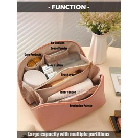 M-YOUNG PU Leather Travel Makeup Bag Large Capacity Cosmetic Bag for Women Waterproof Portable Pouch Open Flat Toiletry Bag Make up Organizer with Divider and Handle, Pink, Fashion