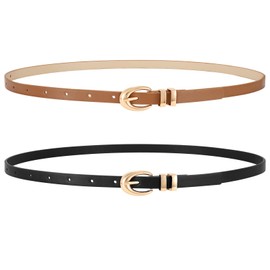 WERFORU 2 Pack Women's Skinny Belt Women's Thin Leather Belt with Gold/Silver Buckles for Jeans Dresses, Black and brown