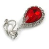 Ruby Red/Clear Crystal Teardrop Clip On Earrings In Silver Tone