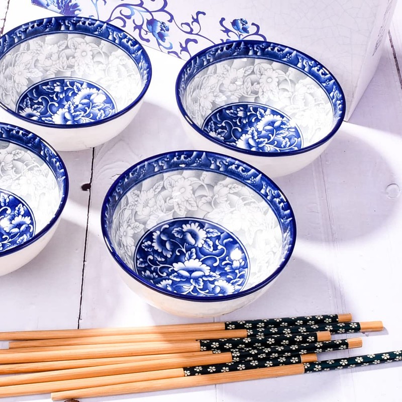 BOSILI Chinese Blue and White Ceramic Rice Bowls and Chopsticks