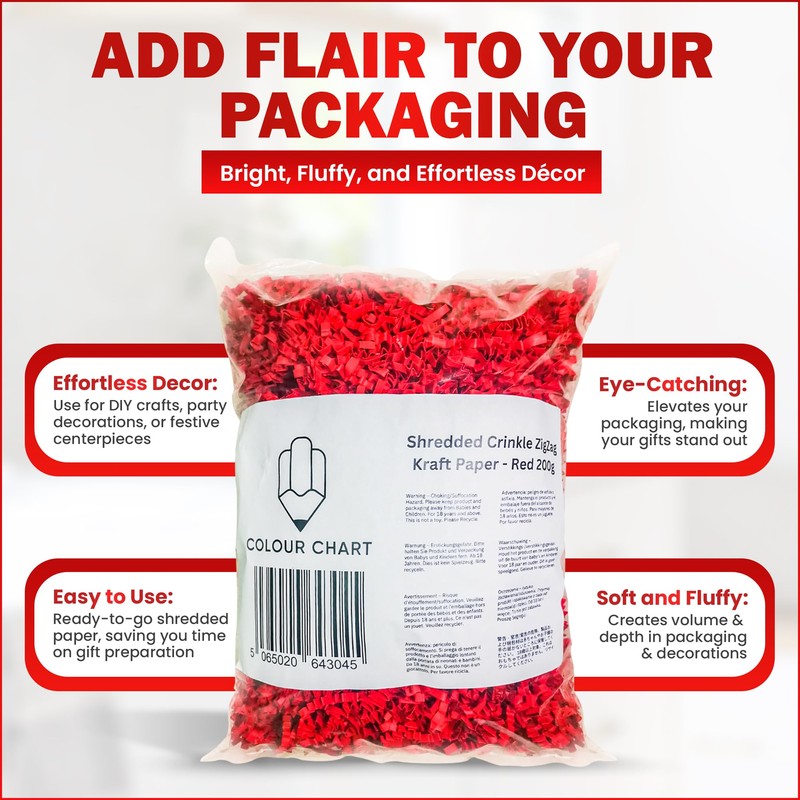 Shredded Crinkle ZigZag Kraft Paper, 200g, Red, for Gift Box