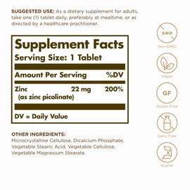 Solgar Zinc Picolinate 22 mg - 100 Tablets, Pack of 3 - Antioxidant, Skin & Immune System Support - Non-GMO, Vegan, Gluten Free, Kosher - 300 Total Servings