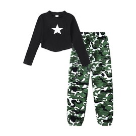 YOURUIKEY Tween Teen Girls Trendy Preppy Clothes Fall Winter Outfits Kids Long Sleeve Printed Crop Top 4 Pockets Camo Cargo Pants 15-16