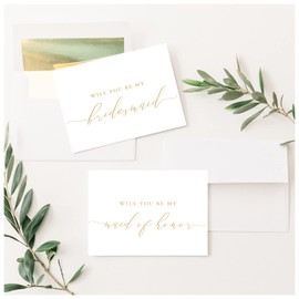 Will You Be My Bridesmaid Cards 4x5.5 Folded White Proposal Card with Gold Caligraphy with Gold Foil Lined Envelopes 6 Bridesmaid Cards 1 Maid of Honor Card and 1 Matron of Honor Card Set Elegant