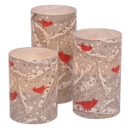 Mark Feldstein & Associates Winter Cardinal Gray and Red Print Glass Flameless Pillar Candles, Set of 3