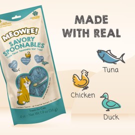MEOWEE! Savory Spoonables with Real Tuna, Chicken & Duck, 4 Count Tube, Triple Flavor Squeezable Lickable Wet Treats for Cats with Built-in Spoon for Less Mess