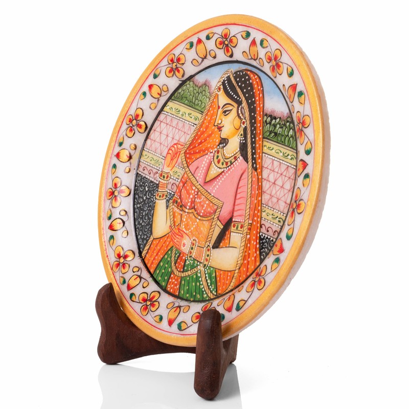 Marble Decorative Plate Traditional Indian Handpainted Round Shape Showpiece Pottery