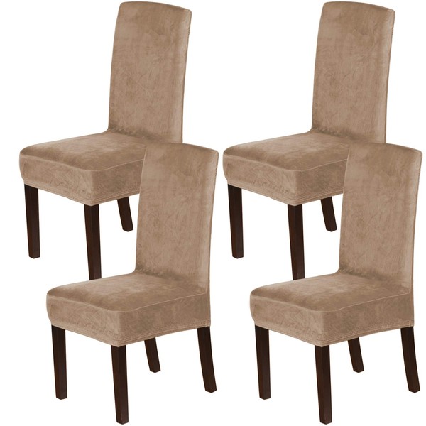 H.VERSAILTEX Velvet Dining Chair Covers Stretch Chair Covers for Dining Room Set of 4 Parson Chair Slipcovers Chair Protectors Covers Dining, Soft Thick Solid Velvet Fabric Washable, Camel
