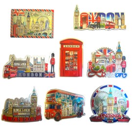 8 London Souvenirs Shiny Photo Magnets - Union Jack British Flag Gift England Cut Out Magnet- London Landmark Icons Picture Fridge Magnet