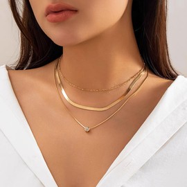 Habselikob Women's Multi-Layer Chain Gold Stackable Snake Chain Chains with Heart Zirconia Cross Pendant Gold Jewellery, Stainless Steel