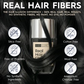 Hair Illusion Black Real Hair Fibers for Thinning Hair - 100% Natural Texture, Non Synthetic Hair Fibers - Bald Spot Cover Up for Women & Men - 18 Gram