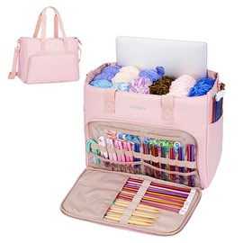 Crochet Tote Bag,Leudes Knitting Bag Fits 15.6 Inch Laptop Yarn Storage Organizer Large Yarn Holder Hook Case for Knitting & Crochet Supplies - Color: Pink