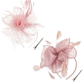 DRESHOW Fascinators Hat Tea Party Headwear Ribbons Feathers on a Headband and a Clip for Girls and Women