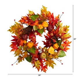 Nearly Natural 24in. Autumn Maple Leaf and Berries Fall Artificial Wreath