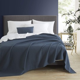 PHF 100% Cotton Waffle Weave Blanket Queen Size 90" x 90" for Home Decorations - Soft Comfortable Breathable and Moisture Absorption for All Season - Perfect for Couch Bed Sofa Navy Blue