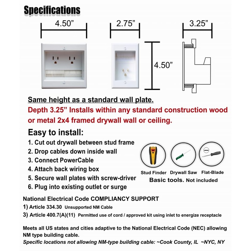 PowerBridge TWO-PRO-6 Dual Outlet TV Cord Hider for Wall Mounted