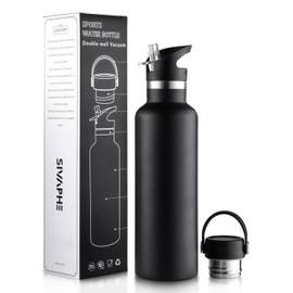 Sivaphe Insulated Water Bottle with Straw and 2 Lids Stainless Steel, 25 oz Double Wall Vacuum Flask Drinking Bottle (Black)