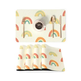 QIYI Pastel Rainbow Faux Leather Placemats, Set of 4, Waterproof Oil-Proof Heat-Resistant PU Table Mats for Kitchen, Dining, Indoor & Outdoor Use, 45×30cm, Whimsical Hand-Painted