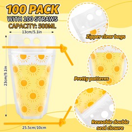 Whaline 100 Set Boho Sun Stand-Up Plastic Drink Cup Pouches with Straws Yellow Sunshine Clear Zipper Juice Bags for First Birthday Baby Shower Groovy Retro Hippie Party Supplies