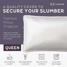 Lincove 100% Cotton Sateen Pillow Protector Cover - Zipper Pillow Cover - 500 Thread Count Luxury Cotton - Zippered Dust Pillow Protector, Bed Pillow Case, Queen, 20”x30”