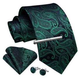 Enlision Men's Ties Green for Wedding Paisley Necktie Formal Business Tie and Pocket Square Cufflinks Clip Set