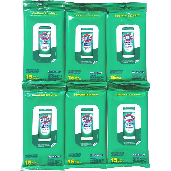 Clorox Cleaning Wipes - 90 Count - Resealable Package - Fresh Scent, 15 Count (Pack of 6)