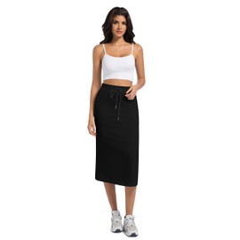 Wrotorea Women's Casual High Waist Elastic Drawstring Stretch Sweat Slit Midi Skirt with Pocket (Black-1,S)